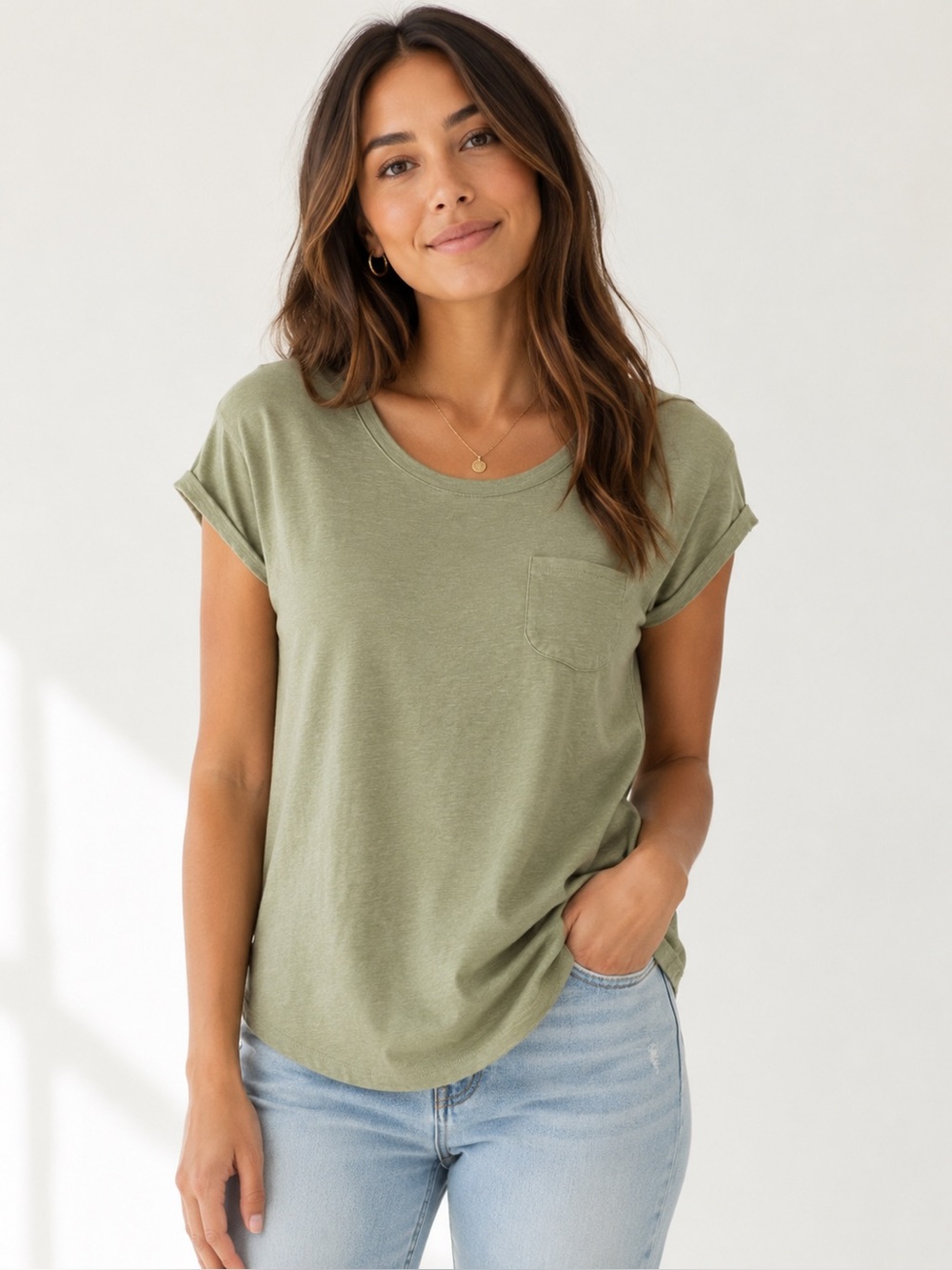 Marled Olive Green Crewneck Pocket Tee | Size Medium